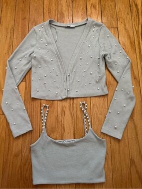 Zara Pearl-Embellished Light Sage Green Knit Crop Cardigan & Tank Set